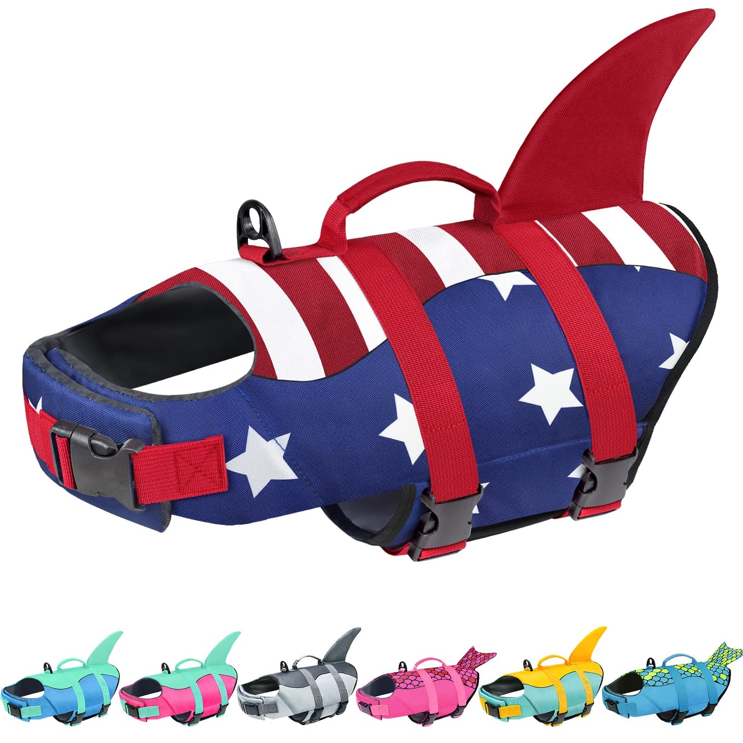 Dog Life Jacket, High Buoyancy Shark Swimsuit, Ripstop American Flag
