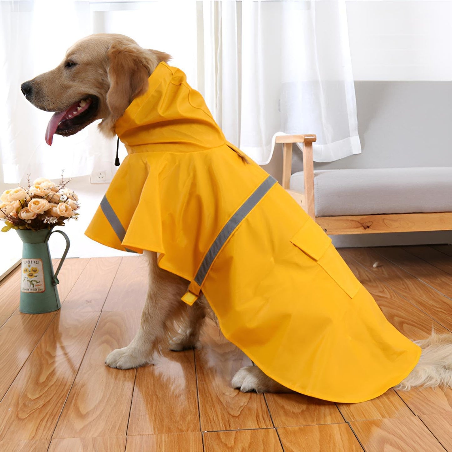 Large Dog Raincoat Adjustable Pet Water Proof Clothes Lightweight Rain Jacket Poncho Hoodies with Strip Reflective
