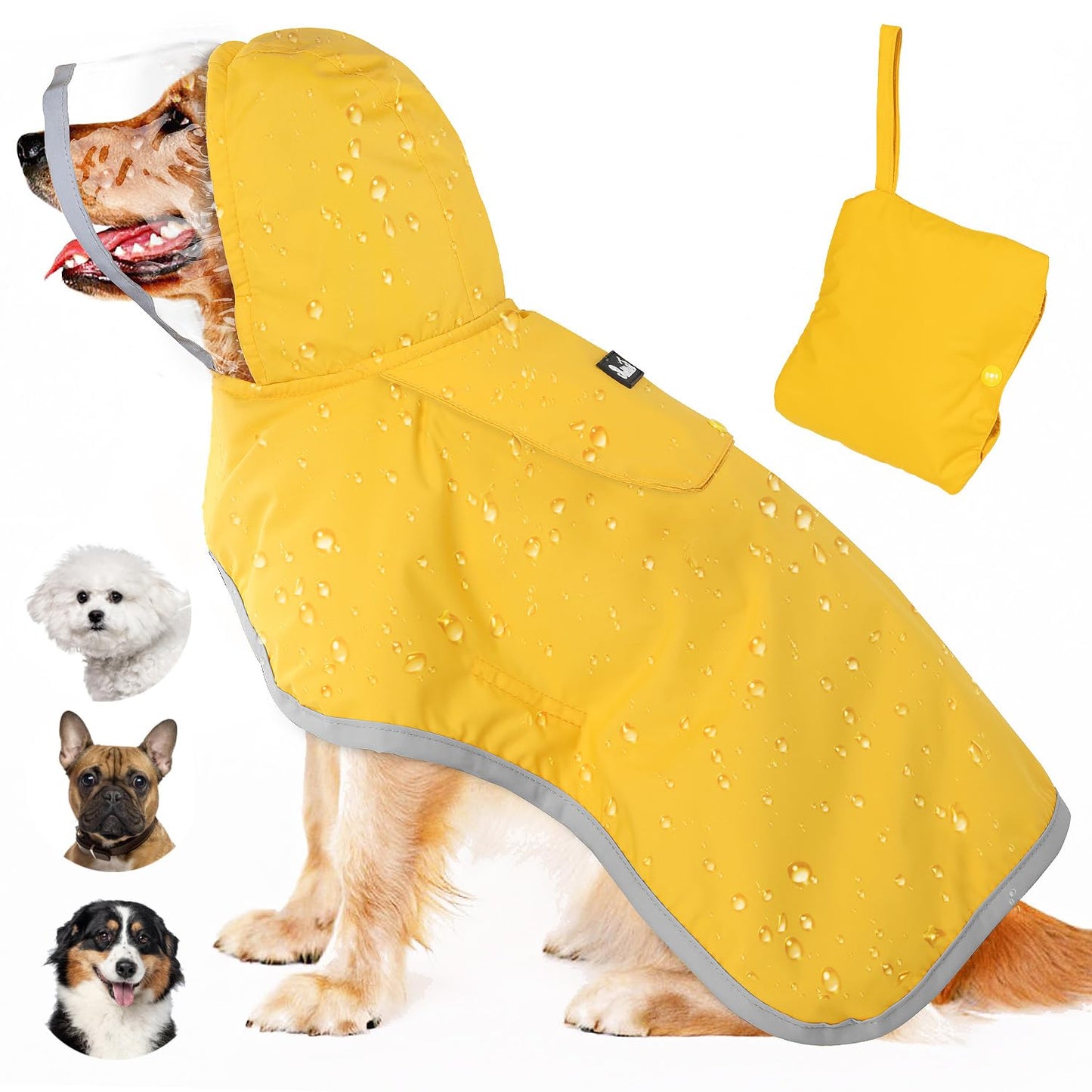 Dog Raincoat, Adjustable Dog Rain Jacket with Clear Hooded Double Layer