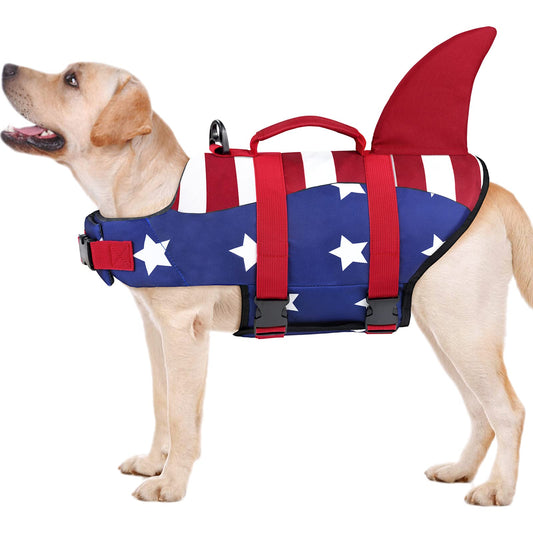 Dog Life Jacket, High Buoyancy Shark Swimsuit, Ripstop American Flag