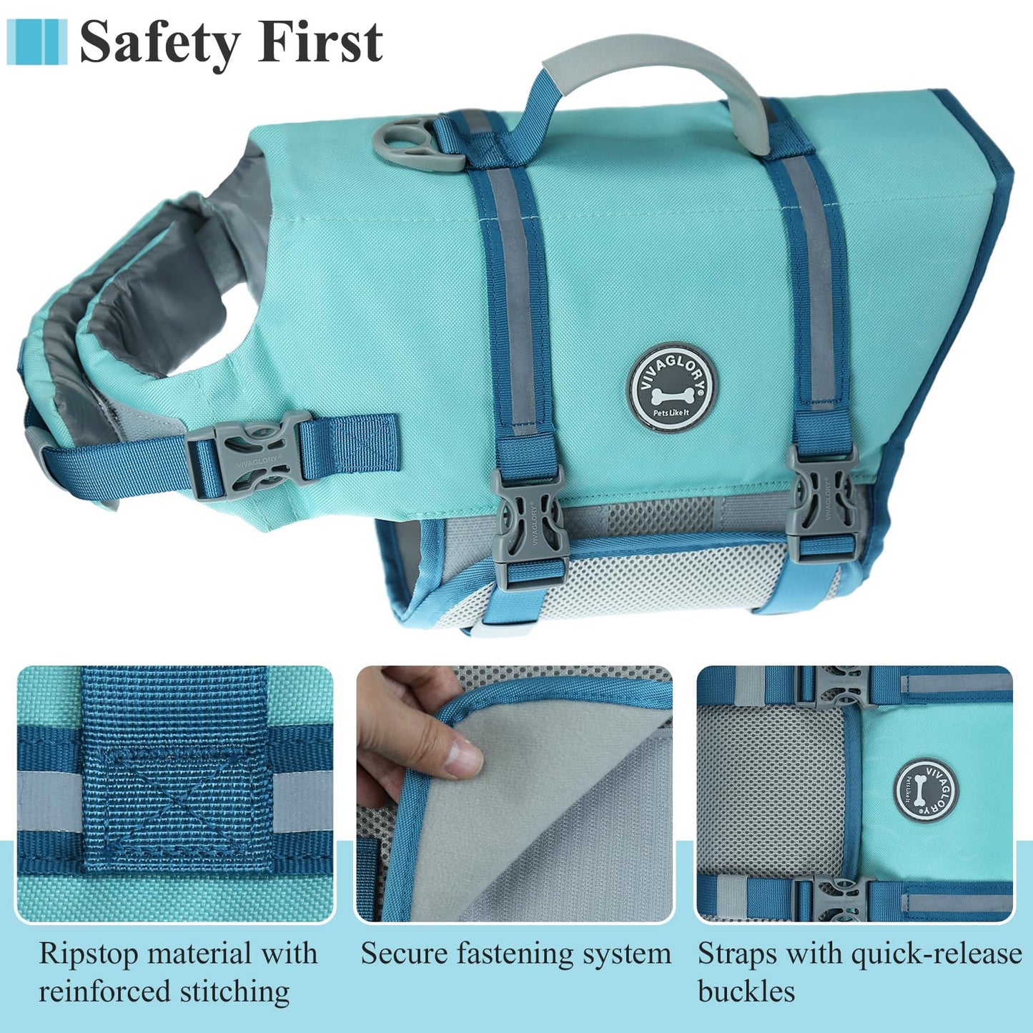 Ripstop Dog Life Jacket for Small Medium Large Dogs Boating, Dog Swimming Vest with Enhanced Buoyancy & Visibility, Cyan
