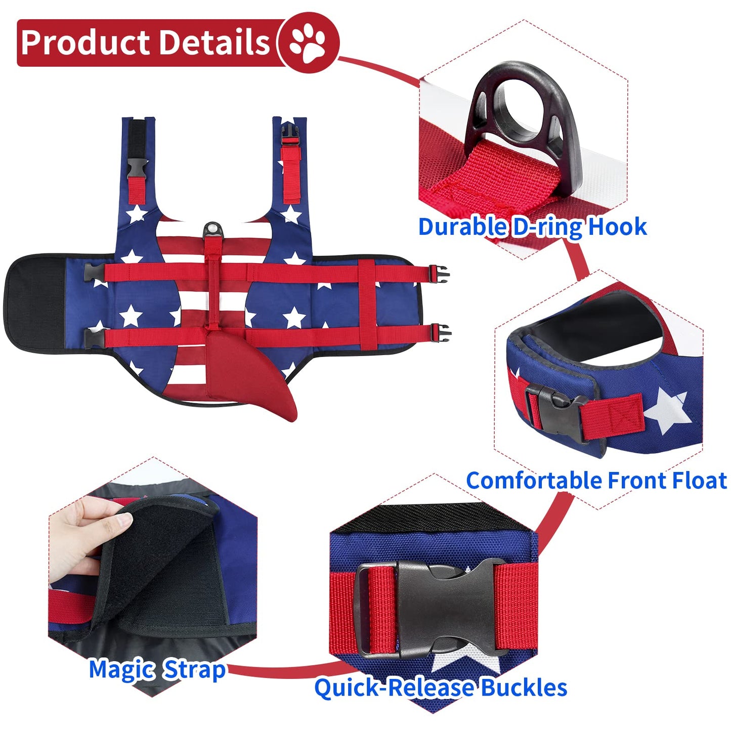 Dog Life Jacket, High Buoyancy Shark Swimsuit, Ripstop American Flag