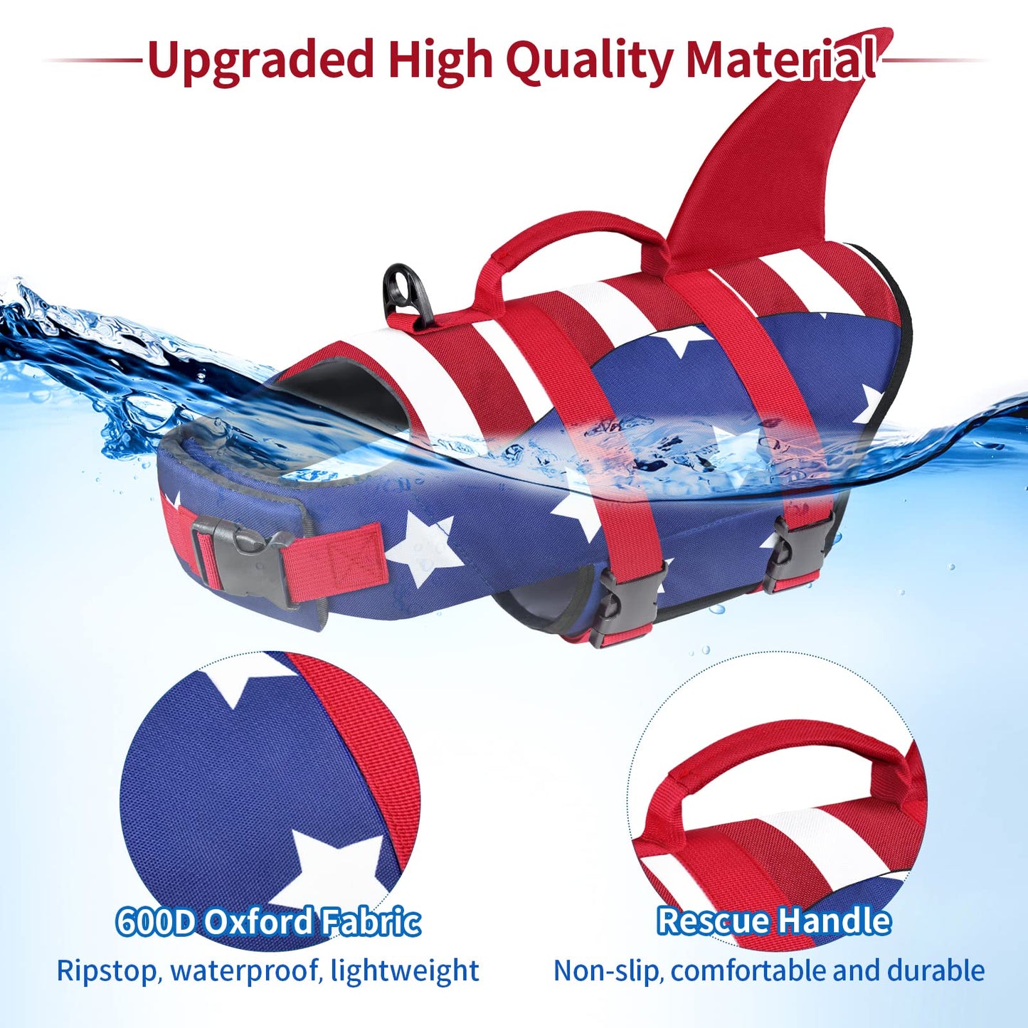 Dog Life Jacket, High Buoyancy Shark Swimsuit, Ripstop American Flag
