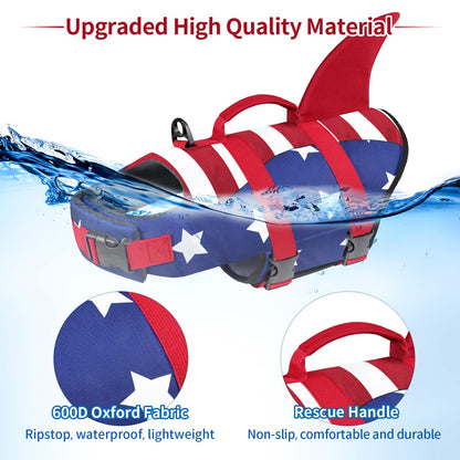 Dog Life Jacket, High Buoyancy Shark Swimsuit, Ripstop American Flag