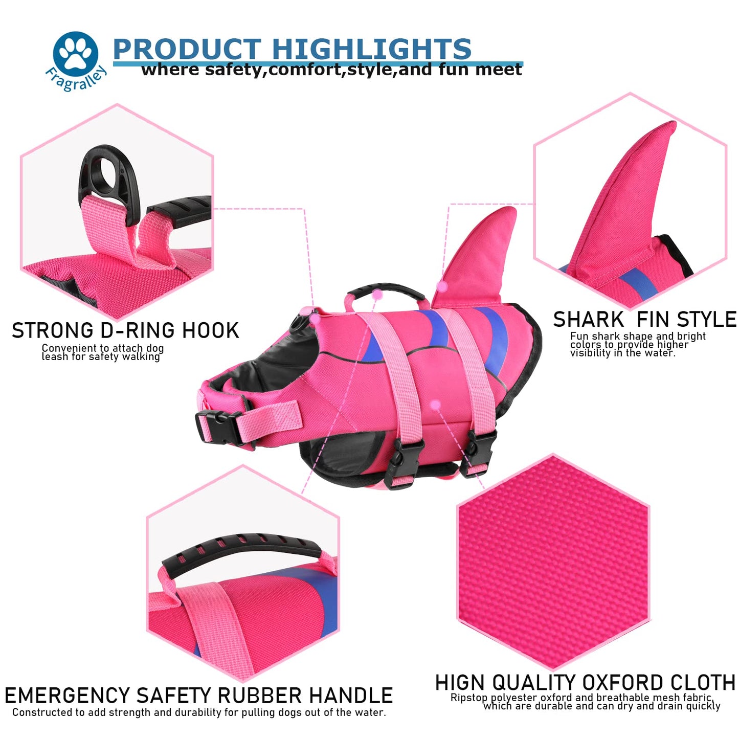 Dog Life Jacket Shark, Dog Life Vest Adjustable Ripstop, Puppy Swimming Safety Vest with Superior Buoyancy & Rescue Handle