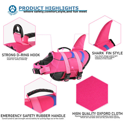 Dog Life Jacket Shark, Dog Life Vest Adjustable Ripstop, Puppy Swimming Safety Vest with Superior Buoyancy & Rescue Handle